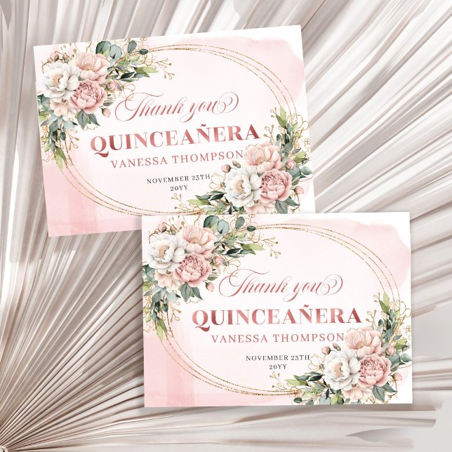 Cartão de Agradecimento Botânico Boho em Rose Gold (Rose Gold Botanical Boho Thank You Card for Quinceañera)