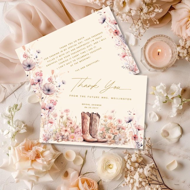 Cartão De Agradecimento Botas e Espumante: Chá de Noiva Floral de Cowgirl (Criador carregado)