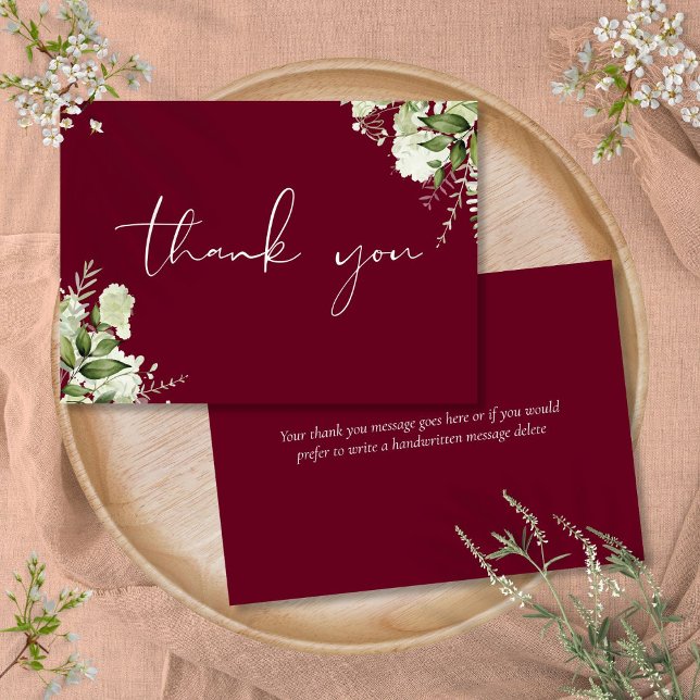 Cartão De Agradecimento Bourgundia Verde Botânico Elegante (Burgundy Botanical Greenery Elegant Script Thank You Card)