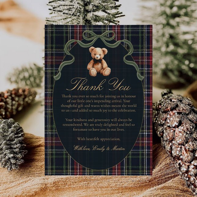 Cartão De Agradecimento Bow Plaid Teddy Bear Baby Shower Thank You Card (Criador carregado)