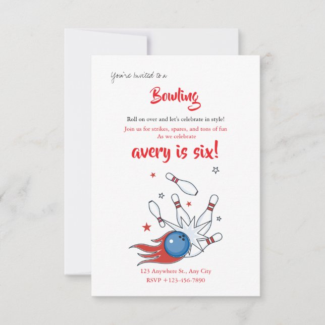 Cartão De Agradecimento Bowling Birthday invitation template editable (Frente)