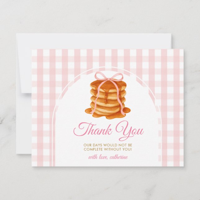 Cartão De Agradecimento Bows and Brunch Pancake Pink 1st Birthday Gingham (Frente)