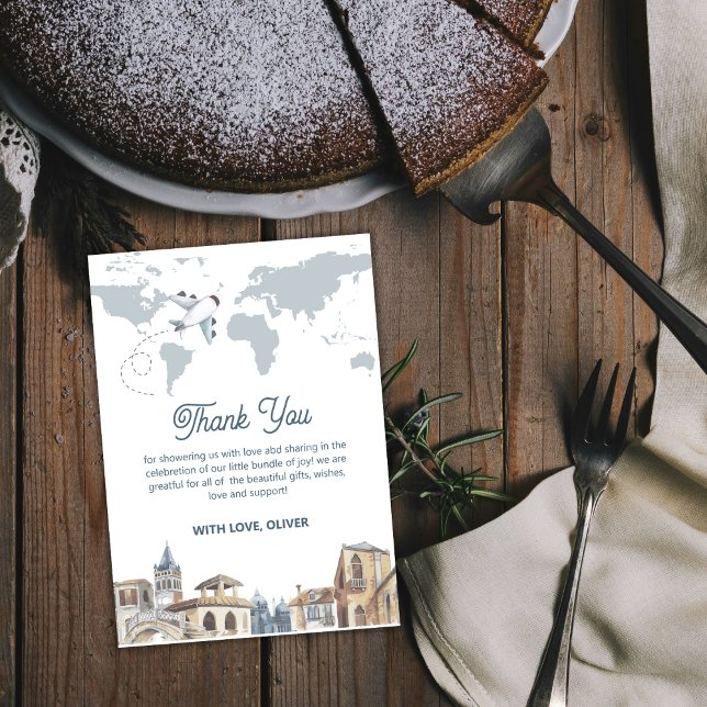 Cartão De Agradecimento Boy Adventure World Map Airplane Baby Shower  (Boy Adventure World Map Airplane Baby Shower Thank You Card)