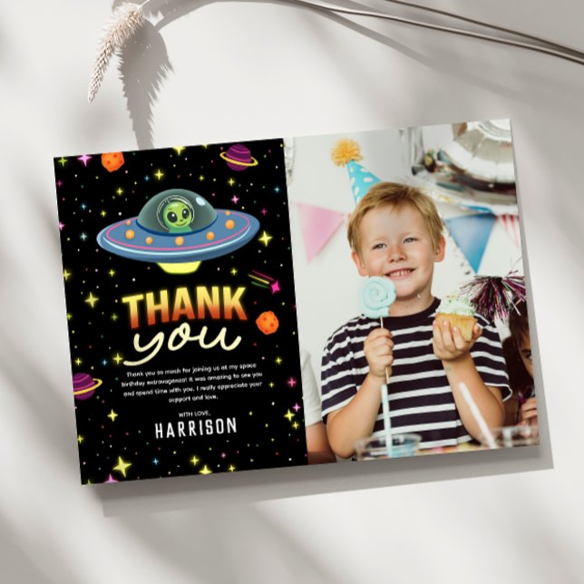 Cartão De Agradecimento Boys Neon Space UFO Birthday Photo Thank You (Criador carregado)