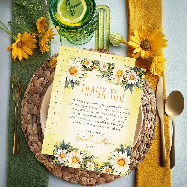 Cartão De Agradecimento Branca | Chá de fraldas Floral do Daisies Amarelo (Daisies Yellow, White and Green Spring Floral Thank You Card -- Little Daisy Collection)