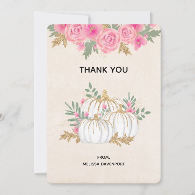 Cartão De Agradecimento Branca e Dourada Pumpkins Watercolor Obrigado (Frente)