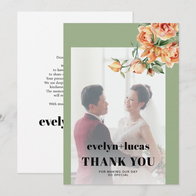 Cartão De Agradecimento Branch, rosas de pêssego, casamento de flores bran (Frente/Verso)