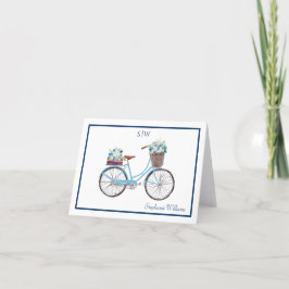 Cartão De Agradecimento Branco Azul Cor Floral Bicicleta Monograma