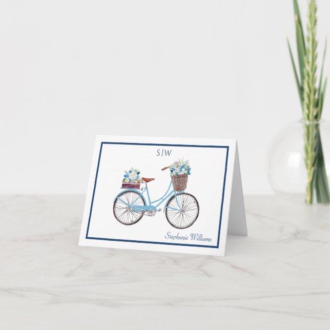 Cartão De Agradecimento Branco Azul Cor Floral Bicicleta Monograma (Frente)