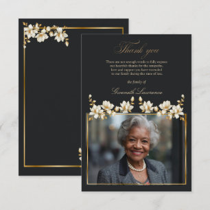 Cartão De Agradecimento Branco de Magnólia Funeral Elegante Folhas Dourada