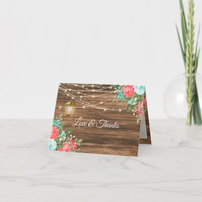 Cartão De Agradecimento Branco - Madeira, Lanterna e Azul-marinho, Floral  (Frente)