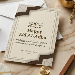 Cartão De Agradecimento Branco Marrom Árabe Geométrico Feliz Eid Al-Adha
