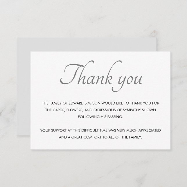 Cartão De Agradecimento Branco preto clássico obrigado funeral (Frente/Verso)