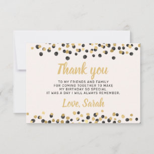 Cartão De Agradecimento Branco Preto Dourado Confete Aniversário Obrigado