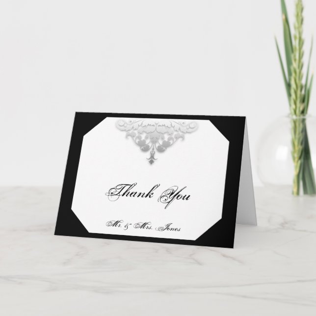 Cartão de Agradecimento Branco Preto e Prata em Da (Frente)