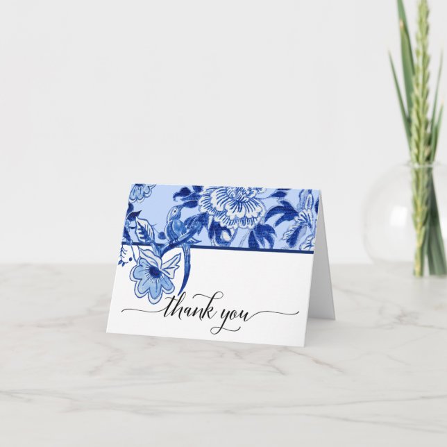 Cartão De Agradecimento Bridal Obrigado Sky Blue Bird Floral Chinoiserie (Frente)