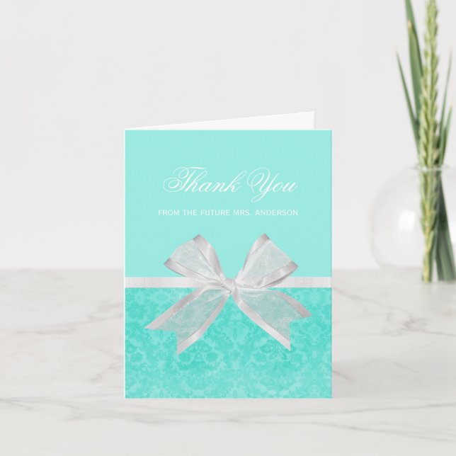 Cartão De Agradecimento Bridal Shower Thank You Chic Aqua Damask White Bow (Frente)