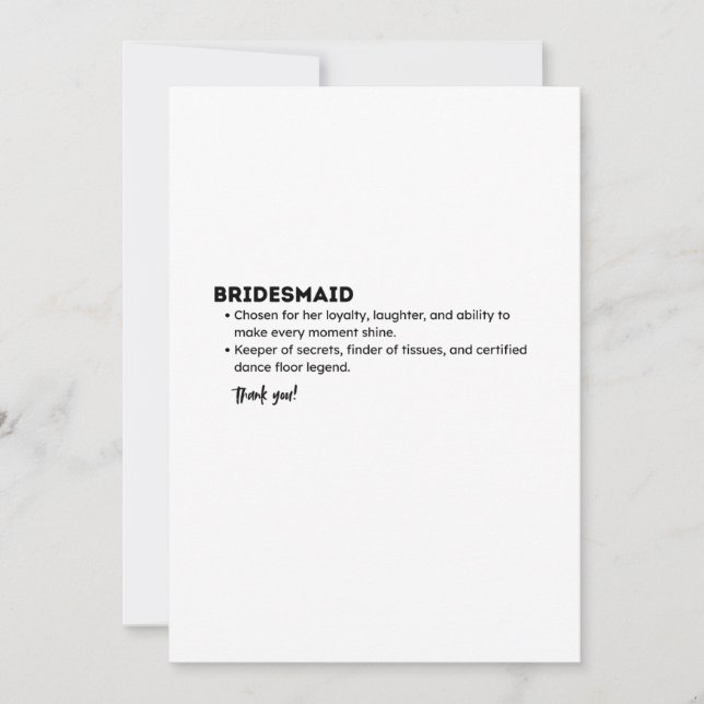 Cartão De Agradecimento Bridesmaid Definition Card – Funny & Heartfelt Bri (Frente)