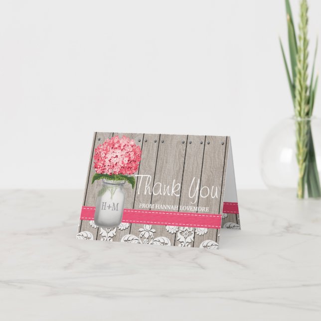 Cartão De Agradecimento Bright Pink Hydrangea Monogram Mason Jar Thank You (Frente)