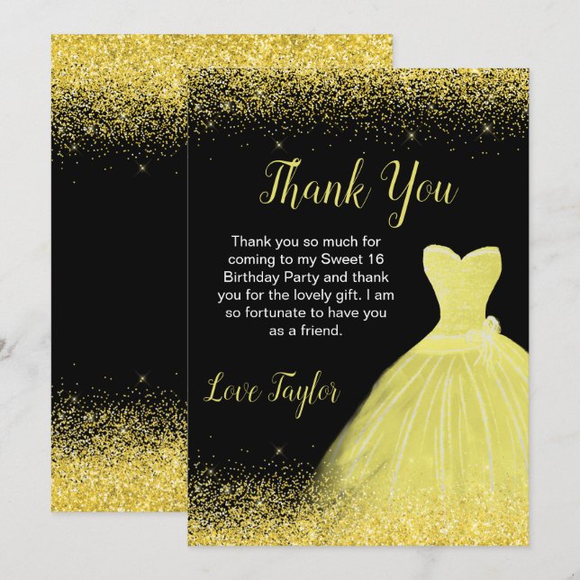 Cartão De Agradecimento Bright Yellow Dress Faux Glitter Sweet 16 Birthday (Frente/Verso)