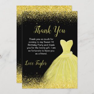 Cartão De Agradecimento Bright Yellow Dress Faux Glitter Sweet 16 Birthday
