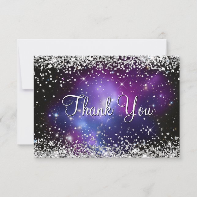 Cartão De Agradecimento Brilhante Glitter Prateado Roxo Celestial (Frente)