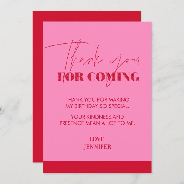 Cartão De Agradecimento Brilhante Vermelho Rosa-Rosa-Manuscrito Chic (Frente/Verso)