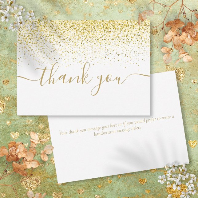 Cartão De Agradecimento Brilho Dourado Faísca Moderno Script Elegante (Gold Glitter Sparkles Modern Elegant Script Thank You Card)