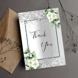 Cartão De Agradecimento Brilho floral branco prateado elegante glamouroso