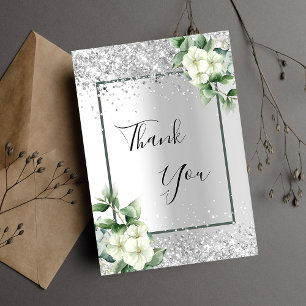 Cartão De Agradecimento Brilho floral branco prateado elegante glamouroso