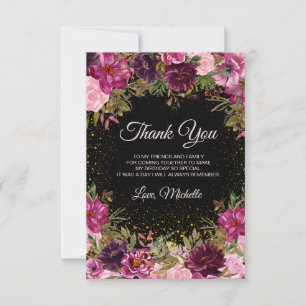 Cartão De Agradecimento Brilho Floral Rosa Borgonha Preto Aniversário