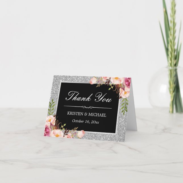 Cartão De Agradecimento Brilho Prateado Faísca Decoração Floral Obrigado (Frente)