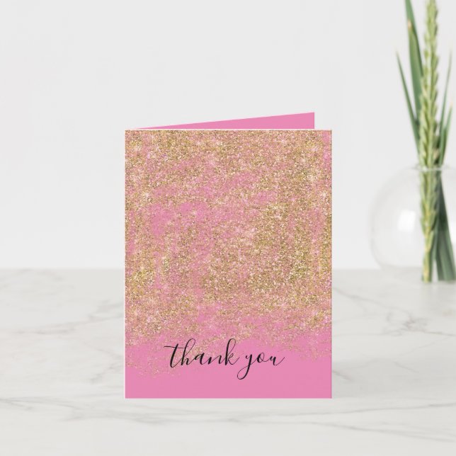 Cartão De Agradecimento Brilho Rosa Falso Dourado (Frente)