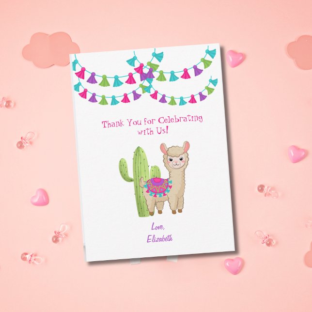 Cartão De Agradecimento Brincadeira Llama Branca, Púrpura Cactus, Aniversá (Llama and Cactus Child's birthday thank you card.)