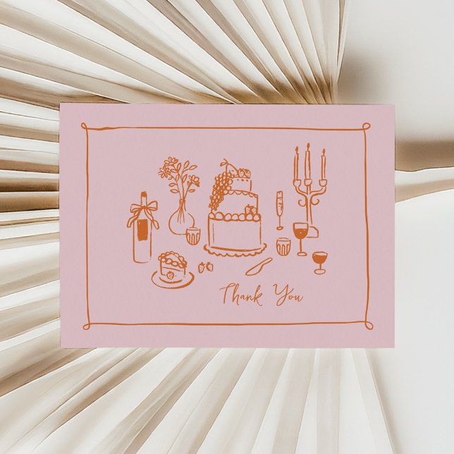 Cartão De Agradecimento Brincadeira Rosa, Desenhada À Mão, Obrigado (bridal shower thank you card in pink and orange hand-drawn food doodles)