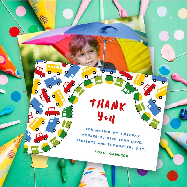 Cartão De Agradecimento Brinquedos Brincadeiras Transporte Carro Comboio C (Boys Toys Colorful Transport Car Train Bus Truck Kid's Birthday Party Photo Thank You Card)