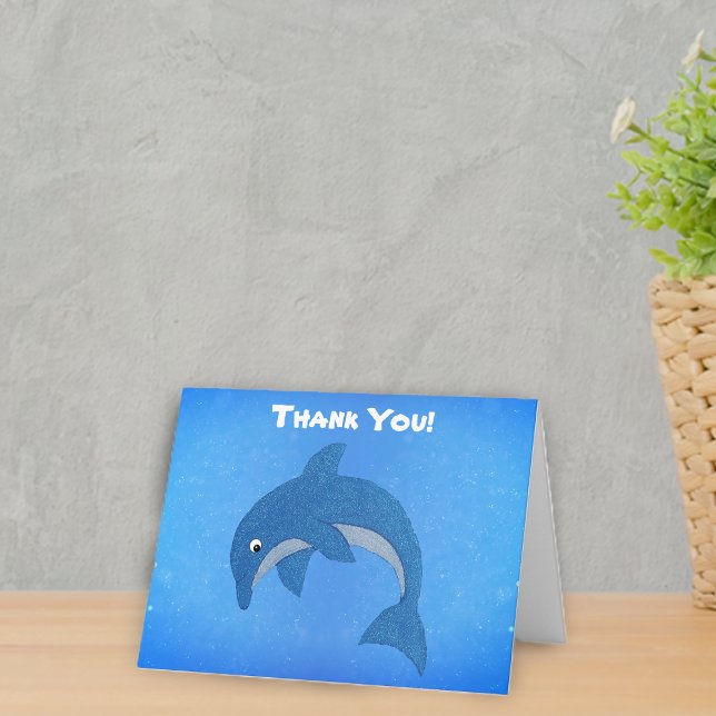 Cartão De Agradecimento Brito Pulando Brilhante Como Golfinho Azul De Cart (Glitter like jumping cute blue and white dolphin on  vibrant background of blues on Thank you card.)