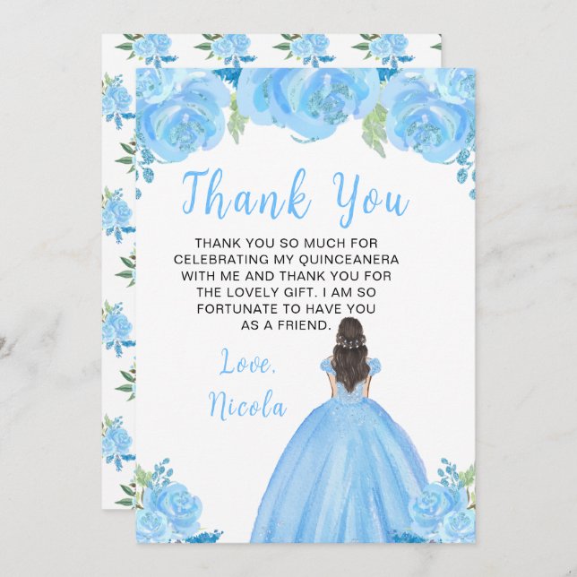 Cartão De Agradecimento Brown Hair Princess Blue Floral Quinceanera (Frente/Verso)
