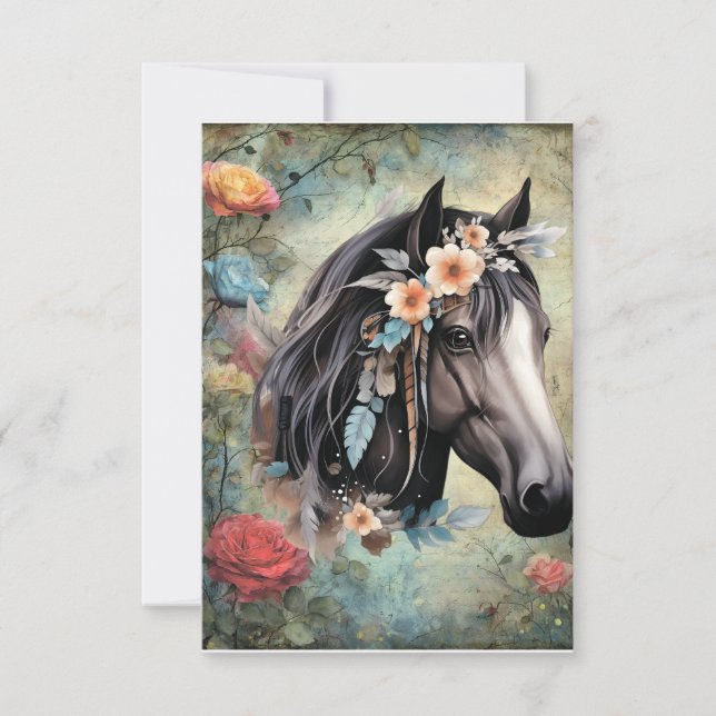 Cartão De Agradecimento  Brown horse in flowers. (Frente)