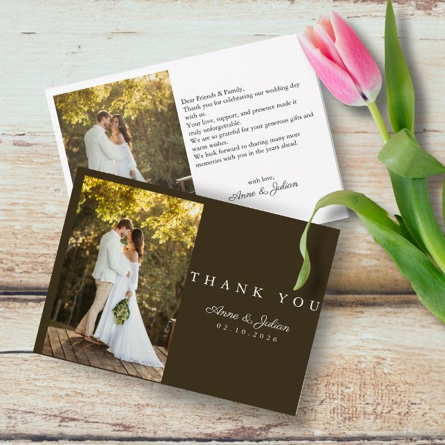 Cartão De Agradecimento Brown Photo Modern Wedding W Note Landscape (Criador carregado)