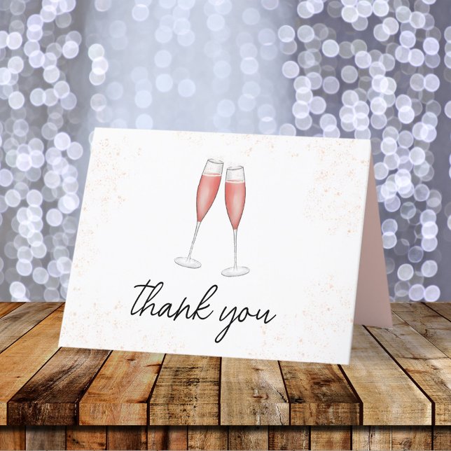 Cartão De Agradecimento Brunch rosa e Fluxos de Champanhe com Aquarela Mol (Pink champagne flutes thank you card. With calligraphy script. )