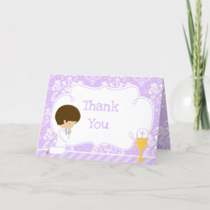 Cartão De Agradecimento Brunette Boy First Communion Damask 'Obrigado'