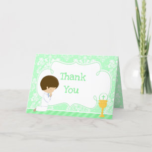 Cartão De Agradecimento Brunette Boy First Communion Damask 'Obrigado'