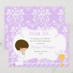 Cartão De Agradecimento Brunette First Communion Damask