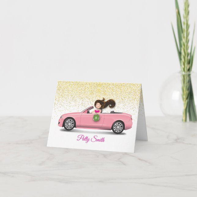 Cartão De Agradecimento Brunette Girl In Car Com Faux Glitter (Frente)