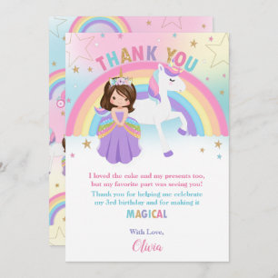 Cartão De Agradecimento Brunette Princess e Rainbow Unicorn Birthday