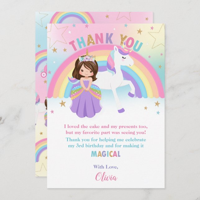Cartão De Agradecimento Brunette Princess e Rainbow Unicorn Birthday (Frente/Verso)