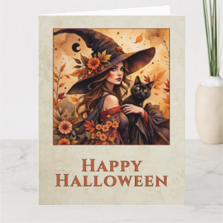 Cartão De Agradecimento Bruxa de Outono Gato Preto Feliz Halloween Arte