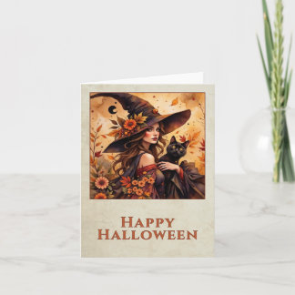 Cartão De Agradecimento Bruxa de Outono Gato Preto Feliz Halloween Arte