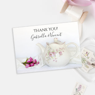 Cartão De Agradecimento Bule com os rosas cor-de-rosa que Wedding o